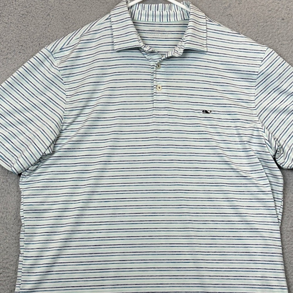 Vineyard Vines Polo Shirt Mens Large Sankaty On-The-Go Blue Striped Golf Rugby